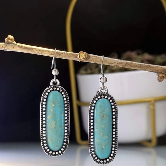 “Turquoise Flecked Ovals” Speckled Gold Flakes Southwestern Dotted Frame Dangles - Picture 5 of 16